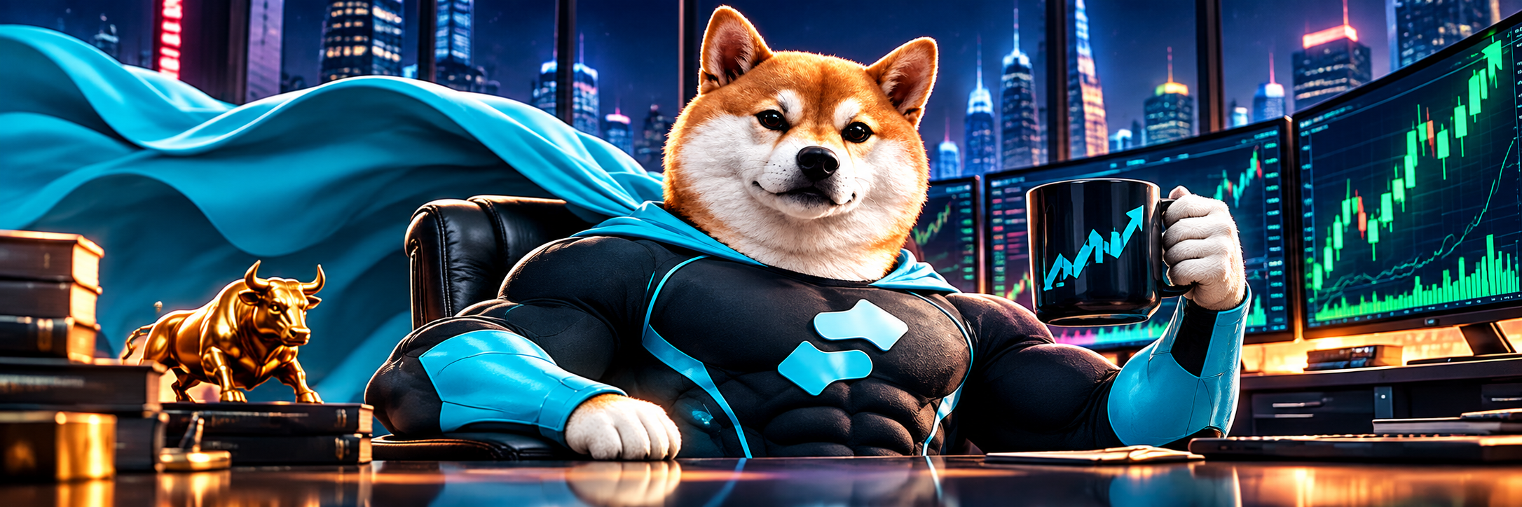Stonk Inu leaning back in a leather trading chair with a stonks mug, trading monitors and a golden bull on the desk, city skyline at night behind